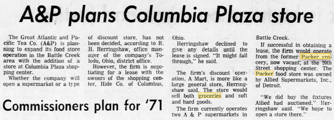 Packers Grocery - Dec 1970 Battle Creek Paper